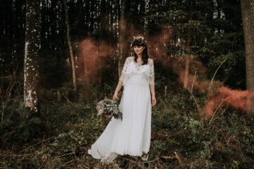 Amanda with her perfect wedding gown in the forest
